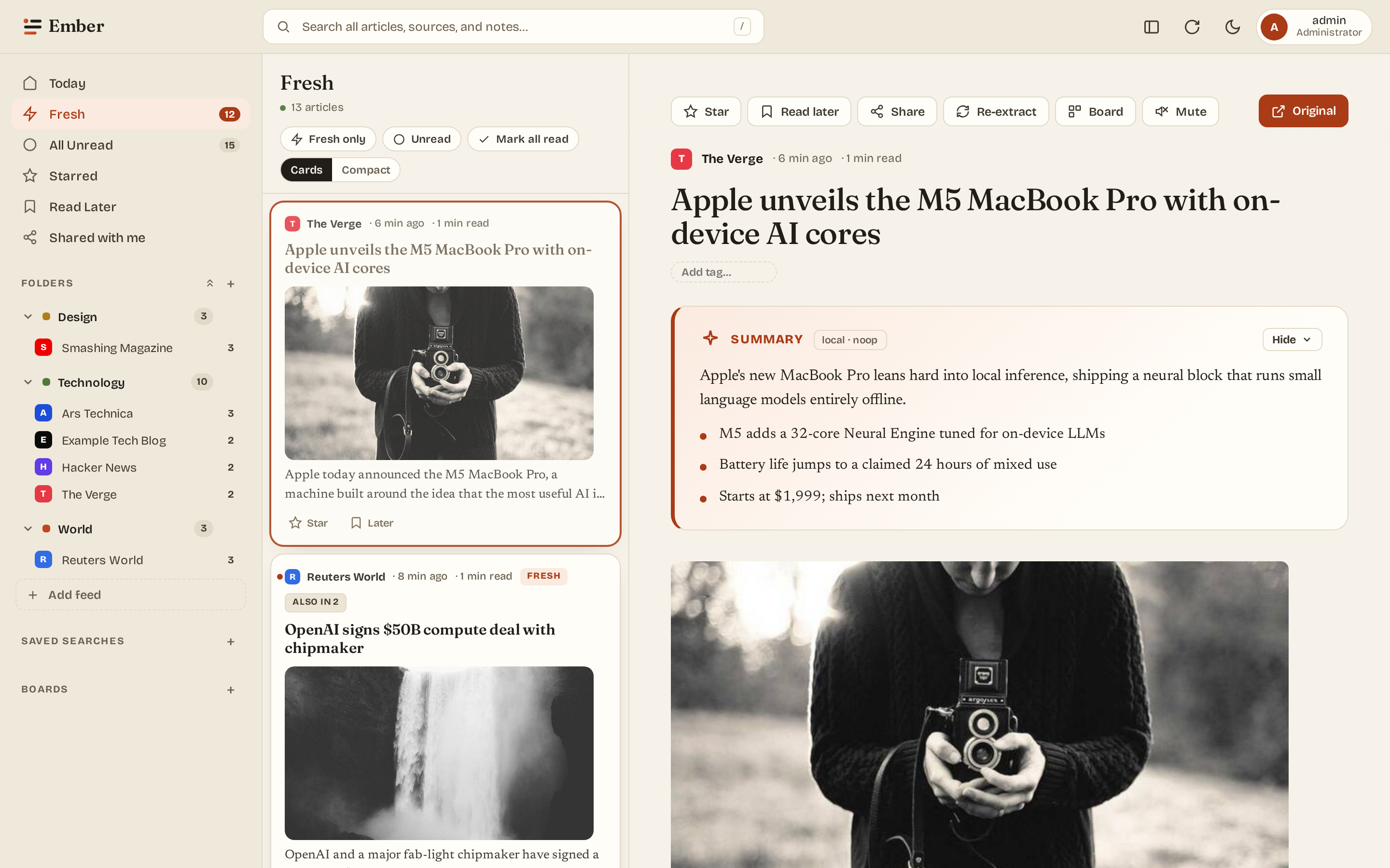 Ember three-pane reader with AI summary card